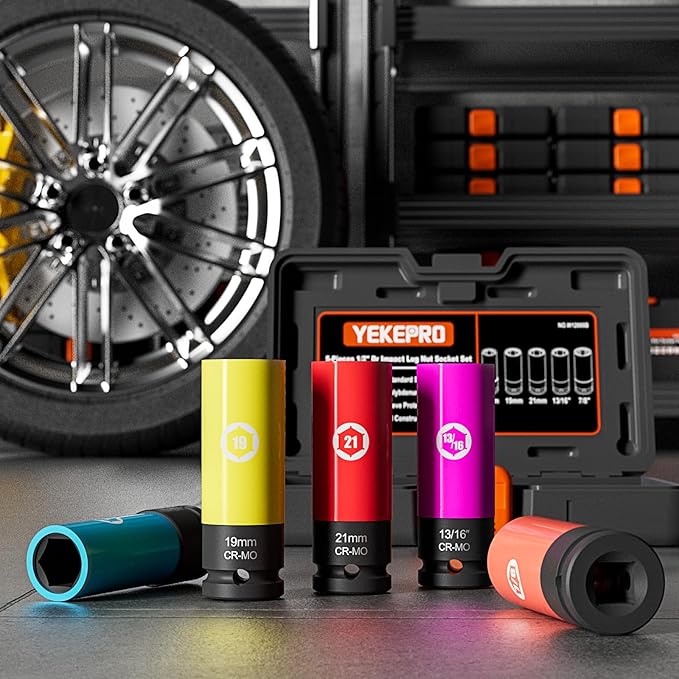 5 Pieces 1/2 inch Drive Impact Lug Nut Socket, Metric/SAE 17mm 19mm 21mm 13/16?쇺?7/8?쇺?Thin Wall Deep Socket Set with Non-Marring Wheel Protectors