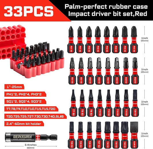 Impact Screwdriver Bits Set, 33 Pieces 1?쒶ulti Head Magnetic S2 Steel Driver Bits PH/SQ/Torx/Slotted With Red Soft Base