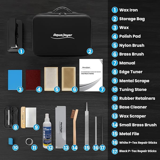 Professional Ski & Snowboard Wax Kit - All-in-One Basic Waxing & Tuning Set with Adjustable Wax Iron, All Temperature Wax, Edge Tuner, Base Cleaner, Brush, Scraper, P-tex, Tuning Stone & Storage Bag
