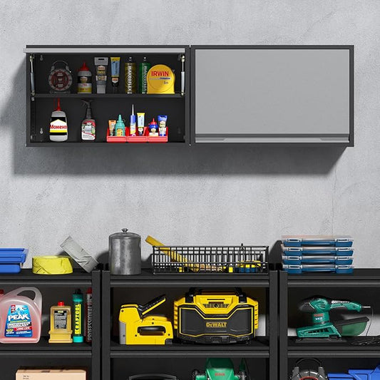 Coolsun Metal Wall Cabinet, Garage Wall Cabinet with Up-Flip Door, 19.7" H Wall Mounted Metal Storage Cabinet for Kitchen,Garage,Basement,Ware House Assembly Required (Black Gray 31.5" W)