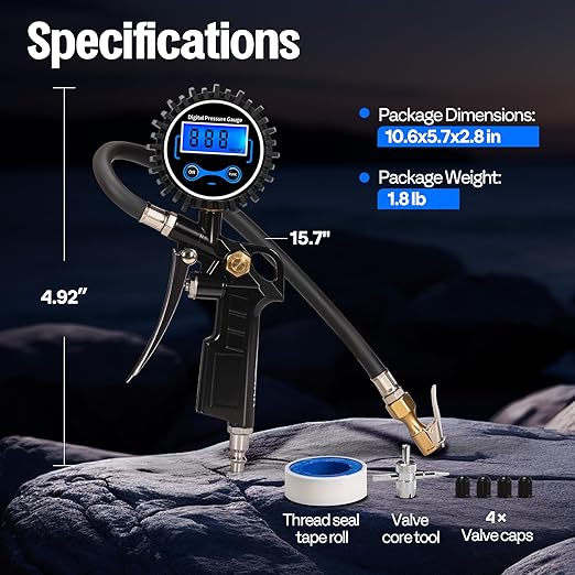 SPECSTAR 2 Pack Digital Tire Inflator with Pressure Gauge, Night Available 250 PSI Air Chuck and Compressor Accessories with Rubber Hose and Quick Connect Attachment for 0.1 Display Resolution