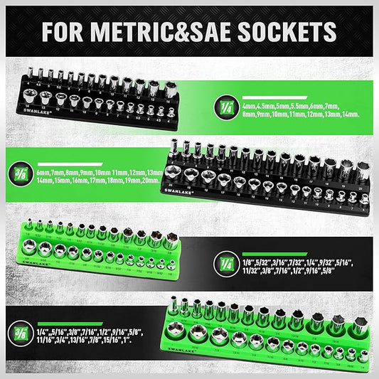 SWANLAKE 4-Piece Magnetic Socket Organizer Set, Metric & SAE Socket Holder Set Includes 1/4", 3/8" Drive Sockets Trays, Magnetic Sockets Organizer for Tool Box Drawer