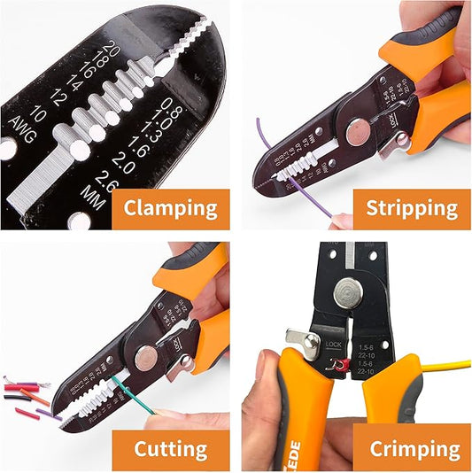 TULEDE 3 in 1 Wire Stripper Tool, 7.5 Inch Wire Stripper/Cutter/Crimping Tool for 10-20 AWG Solid and Stranded Wires, Come with Safety Lock & Invisible Spring, Made of 65Mn for Durability