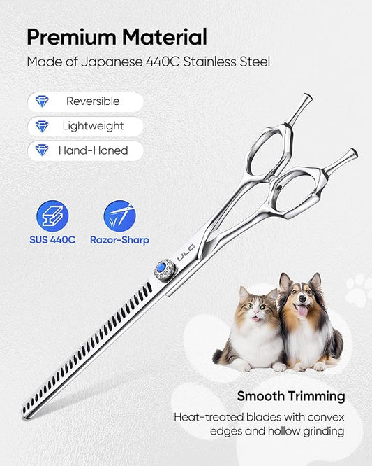 ULG Professional Dog Grooming Scissors 7.0??Straight Chunker Shear 65%-75% Thinning Rate 440C Japanese Stainless Steel Tension Adjustable Left & Right Handed Pet Grooming Shears