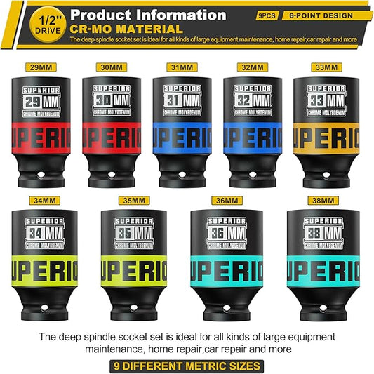 9 Piece 1/2" Drive Deep Axle Nut Impact Socket Set, Metric, 29mm-38mm, CR-MO, 6 Point, Use in Large Equipment Maintenance, Home Repair, Car Repair and More