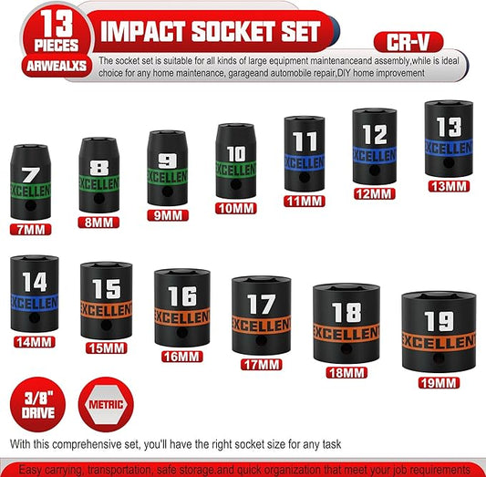 13 Pieces 3/8-Inch Drive Impact Socket Set, 7-19mm Shallow Socket, 6 Point Metric Sockets for Automotive Repair, Equipment Maintenance