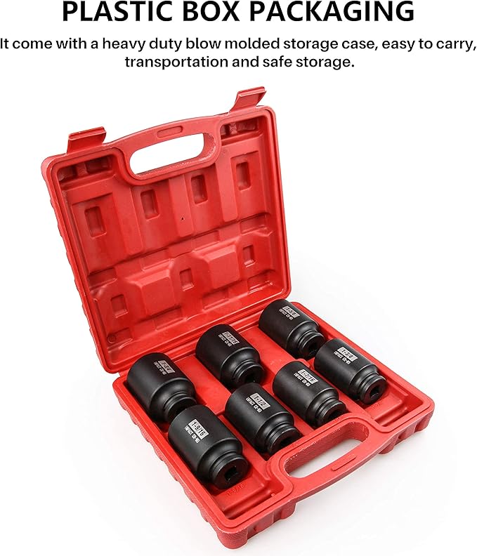 SEKETMAN 7Pcs 1/2" Drive Deep 6-Point Impact Socket Set/Spindle Nut Impact Socket Set, Inch, Cr-Mo,1-3/8-Inch - 1-3/4-Inch