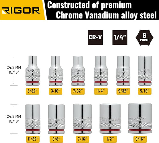 RIGOR 27015 Max-Grip Non-Slip Standard Socket Set, 11-Piece | Anti-Slip Chrome Vanadium Sockets | 1/4-Inch Drive, 6 Point, SAE | Include Durable Plastic Socket Rail.
