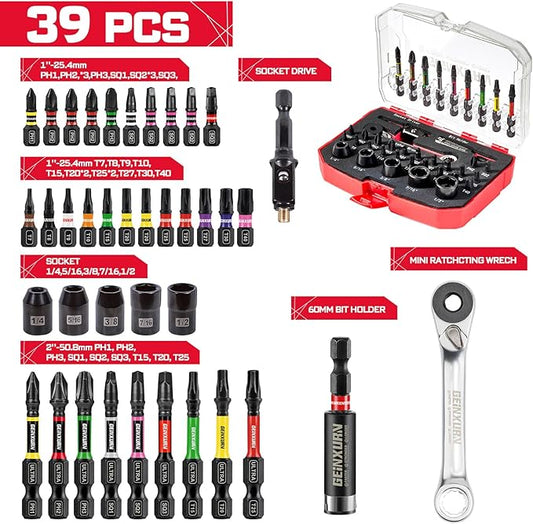39 Pieces Tool Kit with Matching Storage Box, Include 1??2??S2 Steel Magnetic Screwdriver Bits (Phillips/Square/Torx), Socket, Socket Drive, Bit Holder and Mini Ratchet Wrech for Home Repairs