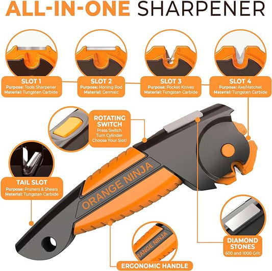 Orange Ninja 7-in-1 Garden Tool & Knife Sharpener ??Sharpens Pocket Knives, Axe, Hatchet, Machete, Pruner & Shears ??One Tool for All Your Outdoor Blades by Sharp Pebble