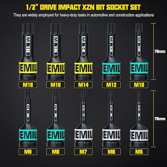 1/2" Drive Impact XZN Bit Socket Set, 10 Piece Impact XZN Triple Square Bit Socket Set, M5 - M18, Cr-Mo Steel, for Fastener Replacement