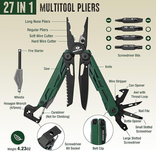 MOSSY OAK CNC-Machined Multitool Pliers, 27-in-1 Multi Tool with Pocket Knife, Fire Starter & Whistle, Bottle Opener, Screwdriver ??Self-Locking Survival Tool for Camping & Hiking