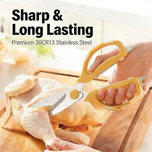 Kitchen Shears Scissors Food Scissors, 8-in-1 Multifunction Japanese Stainless Steel Meat Shears, Dishwasher Safe Sharp Shear All Purpose with Comfort Grip, Ideal for Everyday Use-Yellow