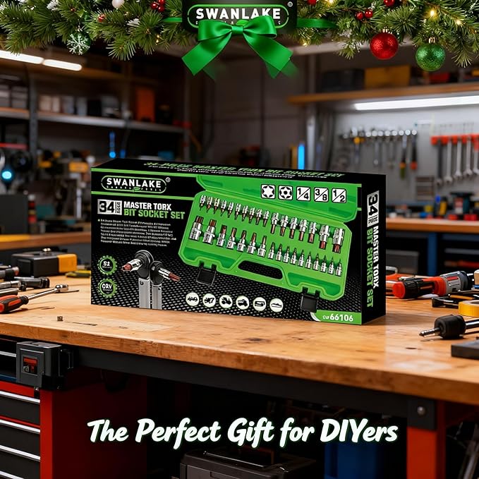 34-Piece Torx Bit Socket Set, Tamper Proof T6-T70, Solid Star Bits Set, Premium CR-V & S2 Alloy Steel Star Socket Sets, Torque Bit Sets with Storage Case