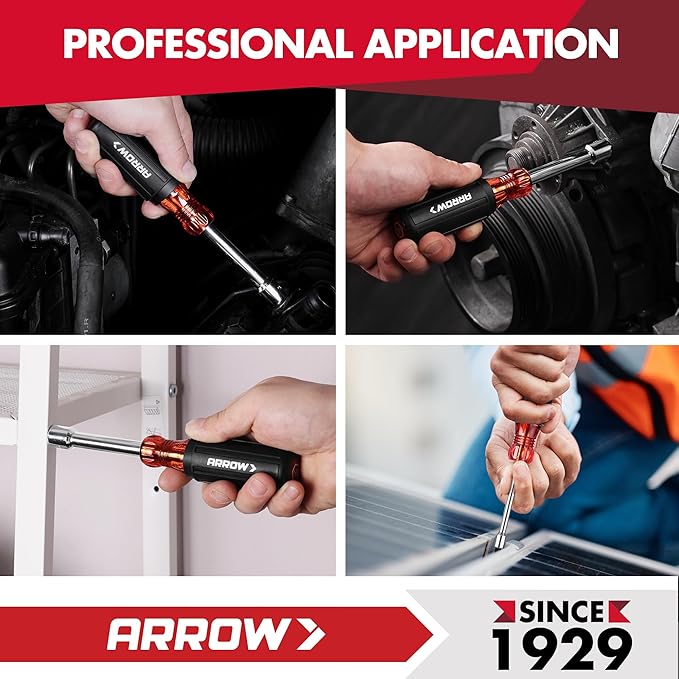 ARROW Nut Driver Set, 7 PCS SAE Nut Drivers with Non-Slip Grip, Cr-V Steel, 1-Inch Hollow Shaft, Hex Sizes 3/16, 1/4, 5/16, 11/32, 3/8, 7/16, 1/2-Inch, Easy for Tightening and Unscrewing