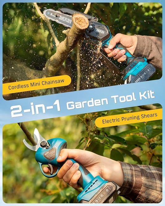 SEESII Mini Chainsaw & Electric Pruning Shears Combo, 6-inch Brushless Handheld Power Chain Saw, 1.2??Cutting Cordless Pruner for Tree Trimming, Tools Kit with 2x2000mAh Batteries, Fast Charger