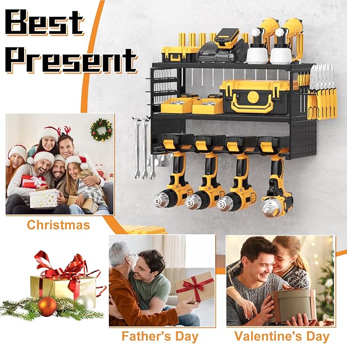 Power Tool Organizer Wall Mount, Heavy Duty 150Lbs Load Capacity with 4 Drill Holders,3 Layer Utility Shelf for Garage Storage and Workshop Organization(Black)