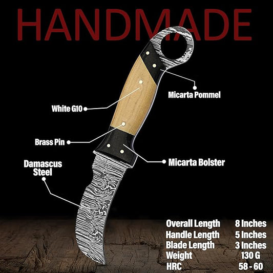 Handmade Damascus Steel Hawkbill Knife with Leather Sheath, Professional Lineman's Utility Blade for Wire Skinning, (G10)