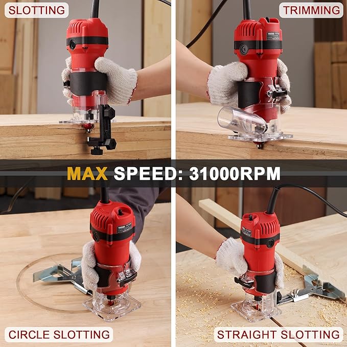 TEENO Wood Router, 800W Compact Router Tools for Woodworking, 31000 RPM Hand Trim Router with 15 Pcs 1/4" Router Bits Set, Edge Guide, Roller Guide, Dust Hood