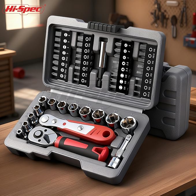 Hi-Spec 48pc Ratcheting Screwdriver & Socket Set, 1/4" Drive Mini Bit Ratchet and Quick-Release Ratchet, CR-V Sockets 4??4 mm, Security Bits in Portable Case
