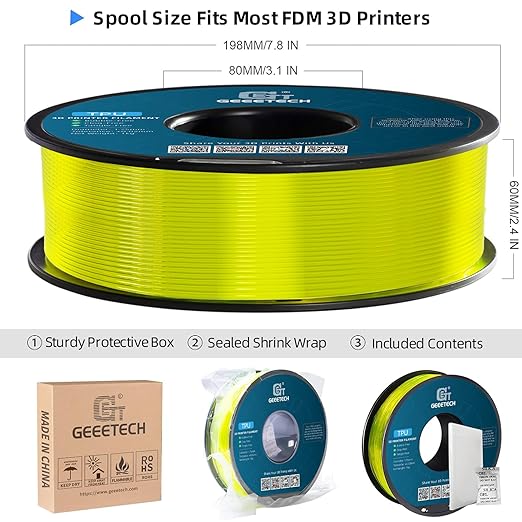 Geeetech TPU Filament 1.75mm, Shore 95A Flexible 3D Printer Filament with High Elasticity, 1KG (2.2lbs) Spool, Dimensional Accuracy 짹0.03mm, Fits Most FDM Printers (Cleal Yellow)
