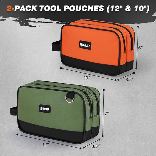 Small Tool Bag 2 Pack, Zipper Tool Pouch Two Compartments, 10 12 inch Utility ToolBag with Carrying Handle, Tool box Storage Organizer for Electrician Mechanic, Gift for Men Dad, Orange/Green