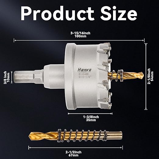 Hole Saw 2-1/8" (54mm) Heavy Duty Carbide with 2 Pilot Drill Bits - Metal Hole Cutter Cuts Stainless Steel, Iron, Copper, Brass, Plastic