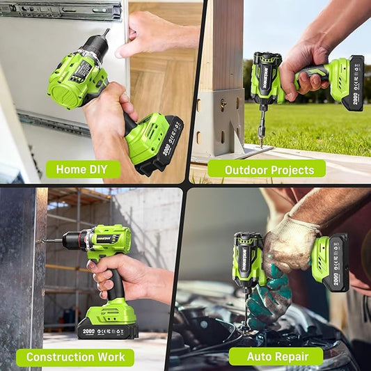 21V Cordless Drill & Impact Driver Combo Kit, 3/8" Drill & 1/4" Impact Driver, 2횞2000mAh Batteries, Fast Charger, 16-Piece Bit Set for DIY Projects, Furniture Assembly & Home Repairs