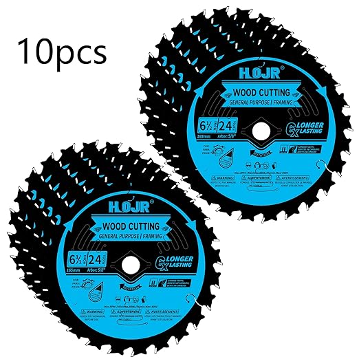 10-Pack 6-1/2 Inch 24-Tooth 5/8" Arbor Woodworking Circular Saw Blade,Framing/General Purpose Wood Cutting Saw Blade,with Non-Stick Coating - TF, 6-1/2" 24T 5/8"