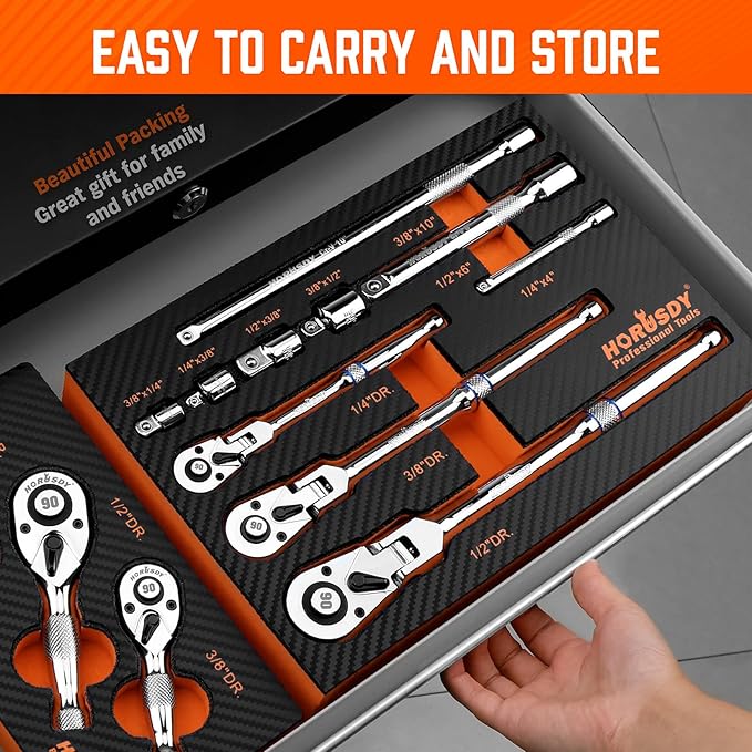 HORUSDY 10-Piece Flex-Head Ratchet Set, 1/4", 3/8" & 1/2" Drive Socket Wrenches, 90-Tooth Quick-Release Reversible Low-Profile, Extension Bars (4", 10", 6") & 4 Adapters for Bike & Home Repair