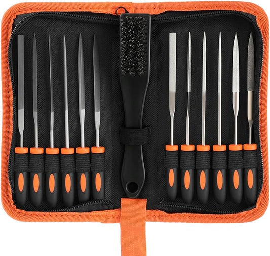 KUZURYU 14PCS Needle File Set - Small Diamond Files with 6 Jeweler's Files & 6 Steel Files (150mm)for DIY, Jewelry, Plastic, Wood & Metal Crafting – with Storage Bag & Steel Brush