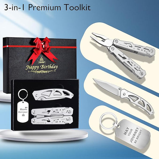 Multitools Set ?쏦APPY BIRTHDAY?? Gift for Birthday 14-in-1 Multi-tool Pliers, Pocket Knife & Keychain Tag, 3-Piece EDC Kit for Camping, Hiking - Premium Gift Box for Men Women