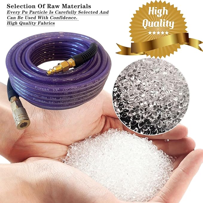 Air Hose 1/4 in x 100 ft, Polyurethane(PU), Reinforced Air Compressor Hose, Lightweight, Kink Resistant with 1/4??Industrial High Flow Quick Coupler and Plug, Bend Restrictors,300 PSI (100FT, Purple)