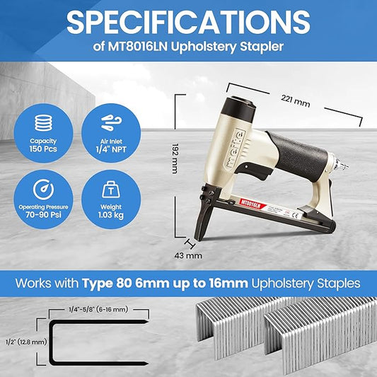 meite Upholstery Staple Gun with Extended Nose for 21 Gauge 1/2-Inch Crown Staples, Heavy-Duty Pneumatic Stapler for Woodworking, Carpentry, and Decoration DIY Projects (Model MT8016LN)