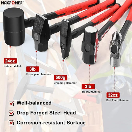 MAXPOWER 5-Piece Hammer Set - 3LB Sledge & Cross Peen, 500g Chipping, 32oz Ball Peen & 24oz Rubber Mallet