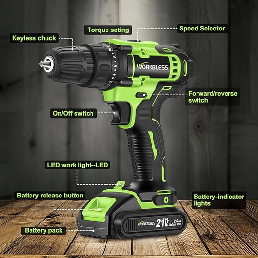 WORKBLESS 21V Power Drill Set, Cordless Drill with Battery and Charger, 3/8'' Keyless Chuck, Variable Speed, 18+1 Torque Setting and 28pcs Drilling/Driver Bits Tool Set(Green)