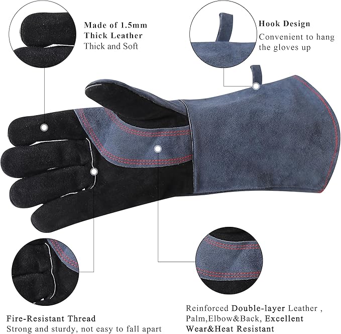RAPICCA Fireplace Gloves Fire Heat Resistant: Grey 16IN 662?? Fireproof Leather for Fireplace Fire pit Wood stove Campfire Furnace BBQ Grill Oven Stick Mig Welding Welder Gear - Birthday Gift for men