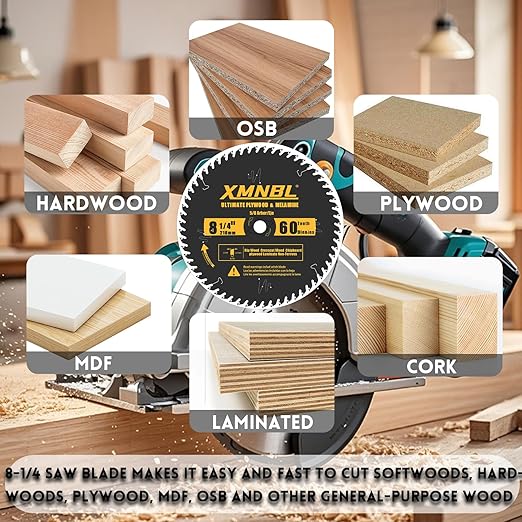8-1/4 Inch Table Saw Blade 60 Teeth,8-1/4 Framing Blade for Cutting Hardwoods, Softwoods,Veneer Plywoods and Other Woods Fine Finishing Saw Blade,Quality Alloy Tip,60ATB,Shafts 5/8 Inch
