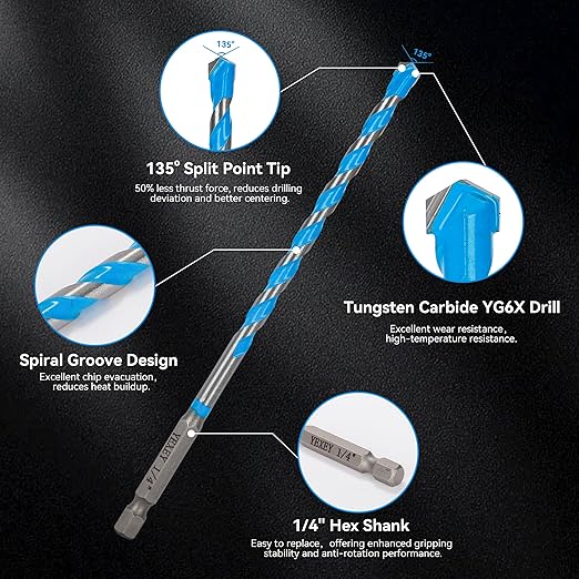 5PCS 1/4" Masonry Concrete Drill Bit Set,Tungsten Carbide Drill Bit Tip,Hex Shank Drill Bits Set for Tile,Brick,Marble,Plastic,Cement,Wood,Glass etc.
