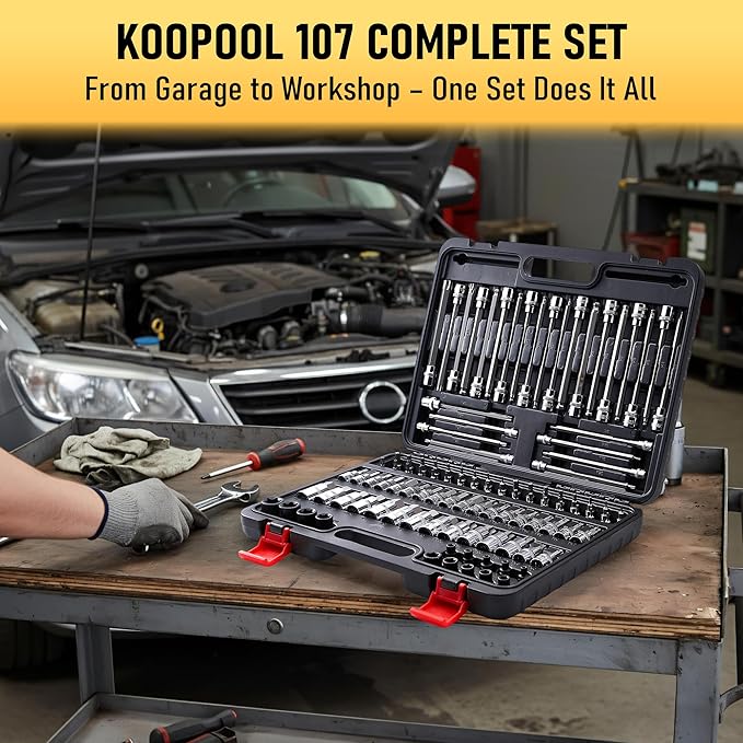 107-Piece Master Torx & Allen Bit Socket Set, S2 Steel, 1/4" 3/8" 1/2" Drive, Long Torx, Ball End Hex, Tamper-Resistant Star, E-Star Sockets, SAE & Metric (Chrome-Polished Set)