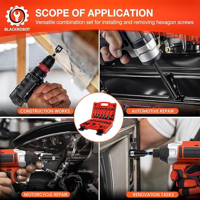 BLACKROBOT Impact Magnetic Nut Driver Set, 34-Piece Metric & SAE Driver Bit Set, Deep Nut Driver Set, 1/4'' Quick Change Cr-V Steel Hex Nut Drivers with Sturdy Tool Box