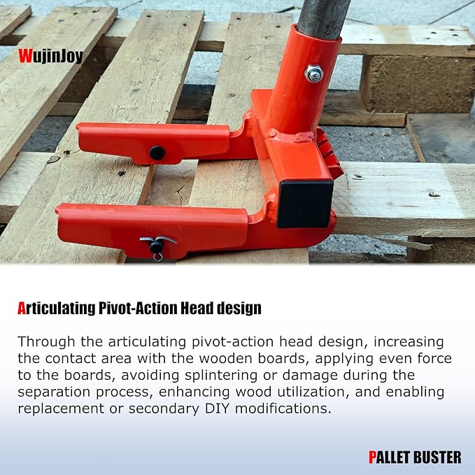 Pallet Buster Tool, Deck Board Remover for Demolition, Wrecker Pry Bar with Nail Remover (NO Handle), Articulating Pivoting Head Deck Wrecking bar, Orange (PBT-AP01)