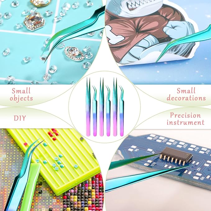Mudder 6 Pcs Lash Tweezers High Precision Eyelash Tweezers for Lash Extension, Straight and Curved Tip, Stainless Steel for Volume Eyelash Cluster Tools Girls Women Beginners(Laser)