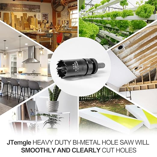 1-3/8 Inch Hole Saw with 1/2" Triangle Shank Quick Change Arbor, JTemgle Bi-Metal Hole Saw Heavy Duty Hole Cutting Tool for Cornhole Boards, Recessed Lights, Wood, Plastic, Drywall & Soft Metal