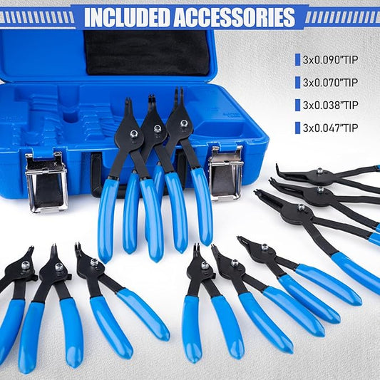 12 Piece Snap Ring Pliers Set, Transformable Internal/External Retaining Ring Pliers Set 0.038in 0.047in 0.070in 0.090in, Universal for Automobiles