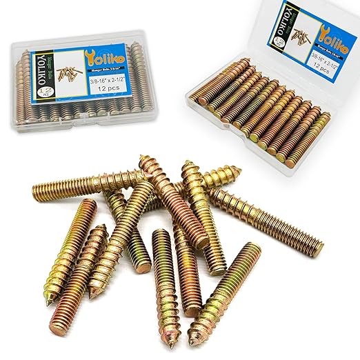 12 Pack 3/8-16" x 2-1/2 Inch Hanger Bolts Double Headed Bolts Wood Dowel Screw Self-Tapping Screw Hanger Bolts for Furniture Screws Threaded Rods Bolt 63.5mm Length
