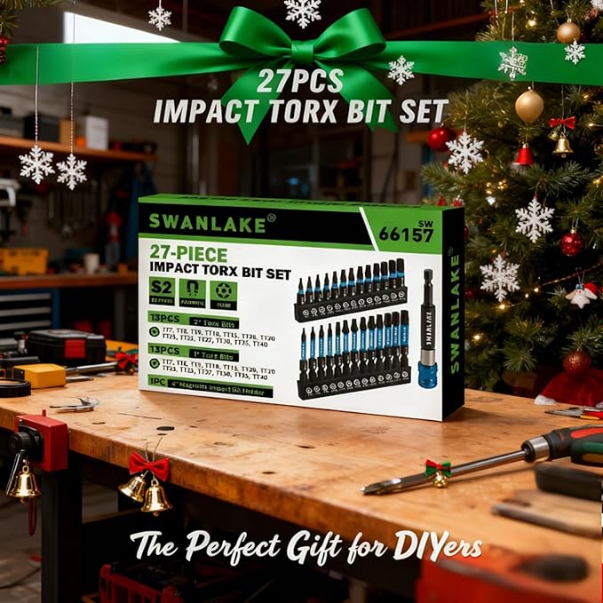 SWANLAKE Impact Torx Bit Set, 27-piece 1''&2'' Security Tamper Proof Magnetic Screwdriver Bits, T7-T40 CNC Machined Tips, S2 Steel Long Torque Star Bits with 4'' Impact Bit Holder and Storage Box