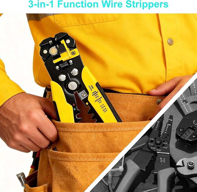 3 in 1 Wire Strippers - Self-Adjusting Wire Stripper Tool with Wire Cutters & Crimping Tool, Heavy Duty Electrical Wire Strippers for 10-24 AWG Copper/Aluminum/Cable Wire