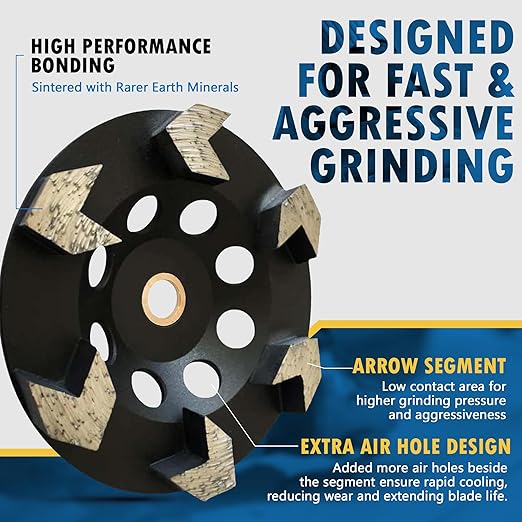 5" High Performance Diamond Grinding Wheels for Concrete, Paint, Epoxy, Mastic, Coating Removal, #30/40 Grit, 6 Arrow Segments, 7/8"-5/8" Arbor