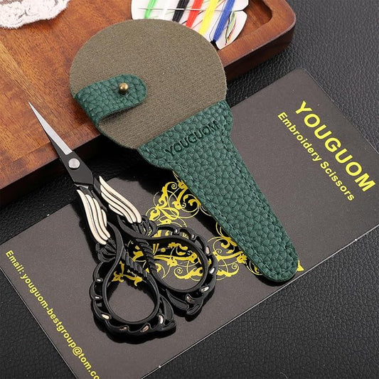 Embroidery Scissor with Case, Yarn Scissors for Sewing Craft Cross Stitch Crochet, Detail Shears Threading Snips Vintage Golden Black